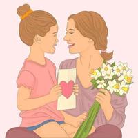 filha criança parabeniza mãe e dá um buquê de flores vetor