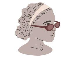 Antiguidade fêmea desenho animado cabeça. argila velho grego mulher estátua vestindo oculos de sol e arco de cabelo. vetor isolado plano ilustração, escultura retrato.