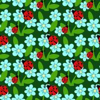 desatado fundo do uma florescendo verão Prado com azul flores e uma vermelho joaninha em uma verde fundo. vegetal fundo com a inseto para papel de parede, impressão. crianças vetor ilustração