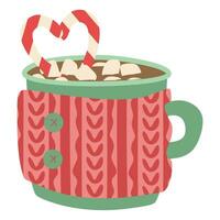 inverno caneca com quente chocolate bebida. Natal copo dentro tricotado acolhedor suporte. cacau com marshmallows, doce bengala. aquecimento bebida, cacau. plano vetor ilustração isolado em branco fundo