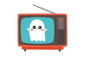 fofa fantasma dentro retro televisão. dia das Bruxas notícia velho televisão. fantasma transmissão jornalista. viver transmissão. vetor ilustração