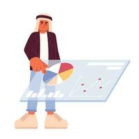 saudita homem tocante marketing analytics painel de controle 2d desenho animado personagem. jovem adulto saudita masculino encontro dados isolado vetor pessoa branco fundo. mercado estude cor plano local ilustração