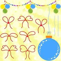 conjunto de arcos lisos vermelhos e cordas para decorações de Natal. guirlanda e bola de natal azul em um fundo amarelo vetor