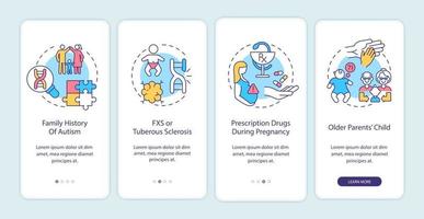 autismo causa a tela da página do aplicativo móvel de integração. história familiar, esclerose tuberosa passo a passo 4 etapas instruções gráficas com conceitos. modelo de vetor ui, ux, gui com ilustrações coloridas lineares