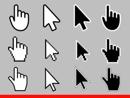 seta branca e preta e pixel de ponteiro de mão e nenhum conjunto de ilustração de vetor de ícones de cursores de pixel