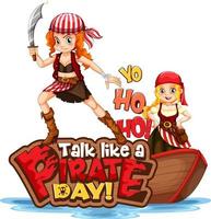 fale como um banner de fonte do dia do pirata com a personagem de desenho animado da garota pirata vetor