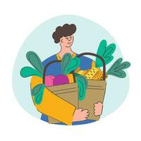 uma homem carrega legumes dentro baldes. colheita. agrícola outono trabalhar. plano ilustração vetor