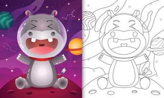 livro de colorir para crianças com um hipopótamo fofo na galáxia espacial vetor