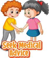 personagem de desenho animado de duas crianças não mantém distância social com a fonte para procurar orientação médica isolada no fundo branco vetor