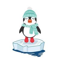 pinguim patinando no bloco de gelo no inverno vetor