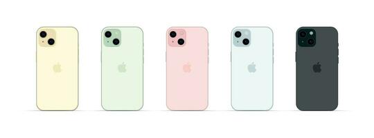 Novo maçã Iphone 15, moderno Smartphone engenhoca, conjunto do 5 peças dentro Novo original cores - vetor