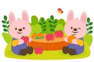 casal de coelhos comendo frutas no parque vetor