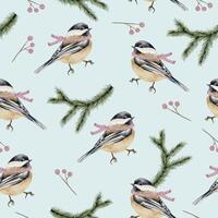 padrão sem emenda com pássaros em aquarela de inverno e ramos vetor