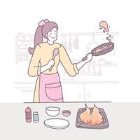 ilustração em vetor plana com uma garota que cozinha na cozinha