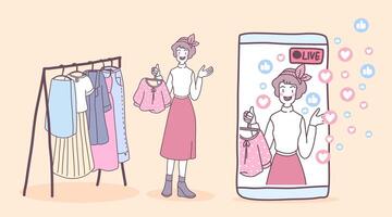 mulheres jovens usam smartphones ao vivo para vender roupas vetor