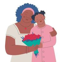 fofa mãe e filha com uma ramalhete do flores estão abraçado. pele escura povos. vetor isolado ilustração para Projeto. aniversário ou mãe dia.