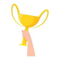 ouro copo Esportes prêmio para primeiro Lugar, colocar vencedora dentro mão vetor