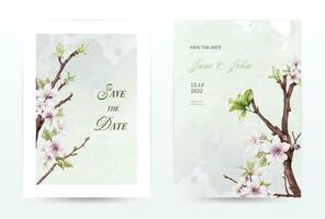 aguarela cereja flores convite verde modelo cartões conjunto vetor