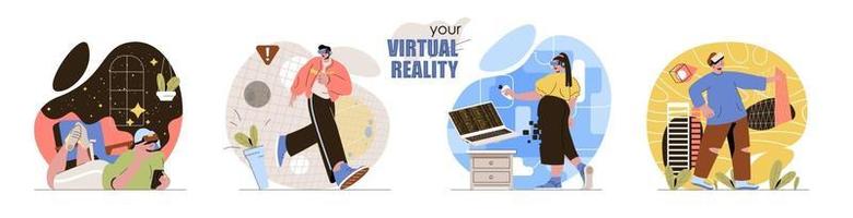 Conjunto de cenas de conceito de realidade virtual vetor