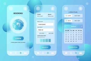 kit de elementos de vidro mórfico de reserva de viagens para aplicativo móvel vetor