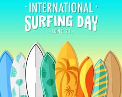 banner do dia internacional do surf com muitas pranchas de surf vetor