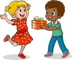 desenho animado ilustração do criança menina e Garoto com presente caixas vetor