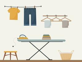 lavanderia quarto interior, ferro, cesta, roupas, cabide, passar roupa quadro, plano estilo, vetor ilustração