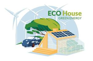 eco casa com solar painéis e elétrico carro verde energia conceito. rede ícone e infográfico. reciclar e renovável energia casa conceito. plano vetor ilustração