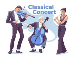 uma grupo do clássico ou jazz música uma violinista, uma violoncelista e uma flautista. vestido dentro elegante se adequa. música show, jogar ou festival. vetor plano ilustração.