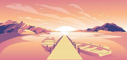 verão pôr do sol com cais e barco entre montanhas. gradiente vetor ilustração. rosa, laranja e roxo.