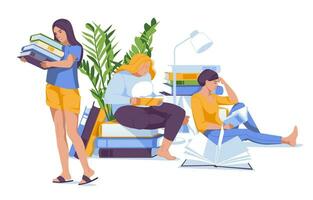 lendo clube plano vetor ilustração. três diferente mulheres leitura, segurando e carregando grande livros.