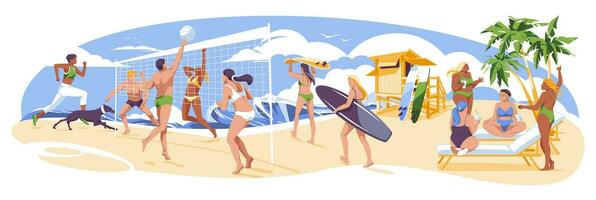 Beira Mar em repouso pessoas jogar voleibol, tomar sol, surfar e natação, amigáveis conversação, corrida com uma cachorro. plano vetor ilustração