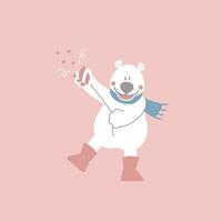 fofa e adorável branco polar Urso com festa popper, fogo de artifício e confete, feliz dia dos namorados dia, amor conceito plano vetor ilustração desenho animado personagem traje Projeto