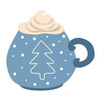 caneca do quente chocolate com açoitado creme, dentro uma azul copo com flocos de neve e Natal árvore. vetor plano ilustração em desenho animado isolado em uma branco. modelo para Natal feriado decoração, cartaz.