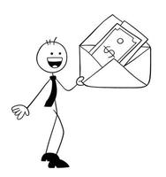 personagem de empresário stickman segurando um envelope e há dinheiro nele. vetor