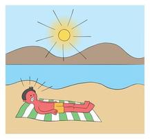 desenho animado tomando sol na praia por horas e quando ele acorda, todo o seu corpo está queimado ilustração vetorial vermelho
