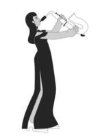 saxofone menina dentro recital vestir Preto e branco desenho animado plano ilustração. indiano senhora saxofonista 2d lineart personagem isolado. artista sopro instrumento monocromático cena vetor esboço imagem