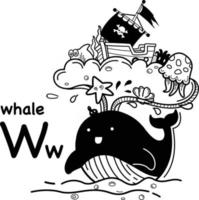 ilustração de baleia w-desenhada de letra alfabética mão, vetor