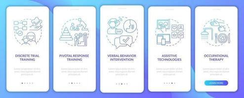 terapia para a tela da página do aplicativo móvel de integração do autismo. treinamento de resposta pivotal passo a passo 5 etapas instruções gráficas com conceitos. modelo de vetor ui, ux, gui com ilustrações coloridas lineares