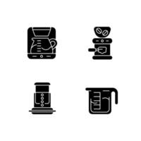 ícones de glifo preto de máquina de café definidos no espaço em branco. moedor de feijão, moinho comercial para processamento. máquina de gotejamento profissional. fazer café expresso. símbolos de silhueta. ilustração isolada do vetor