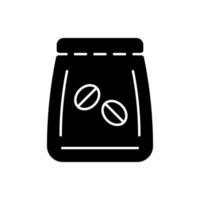 saco de grãos de café ícone de glifo preto. embalagem para preparar café expresso. embalar com sementes torradas. cafeteria. acessórios barista. símbolo da silhueta no espaço em branco. ilustração isolada do vetor
