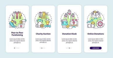 idéias de eventos de arrecadação de fundos onboarding tela da página do aplicativo móvel. leilão de caridade passo a passo 4 etapas instruções gráficas com conceitos. modelo de vetor ui, ux, gui com ilustrações coloridas lineares