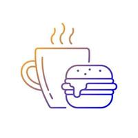 ícone de vetor linear gradiente de almoço. hambúrguer e bebida no copo. caneca de café com sanduíche para o jantar. jantar no café. símbolos de cor de linha fina. pictograma de estilo moderno. desenho de contorno isolado de vetor
