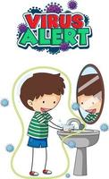 design de fonte de alerta de vírus com um menino lavando as mãos em um fundo branco vetor