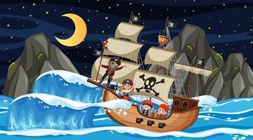 oceano com navio pirata na cena noturna em estilo cartoon vetor