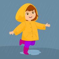 criança feliz brincando com capa de chuva vetor