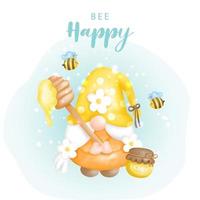 abelha feliz com gnomo fofo e abelhas, ilustração vetorial de tinta digital. vetor