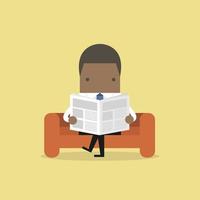 empresário africano lendo um jornal no sofá na sala e no escritório. vetor
