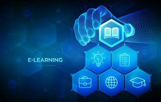 e-learning. Inovativa conectados Educação conceito. webinário, ensino, conectados Treinamento cursos. habilidade desenvolvimento. estrutura de arame mão lugares a elemento para dentro uma composição visualizando aprendizado. vetor. vetor