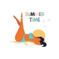 horário de verão, garota deitada na areia tomando banho de sol, inscrição colorida de letras, ilustração vetorial em estilo simples, desenho vetor